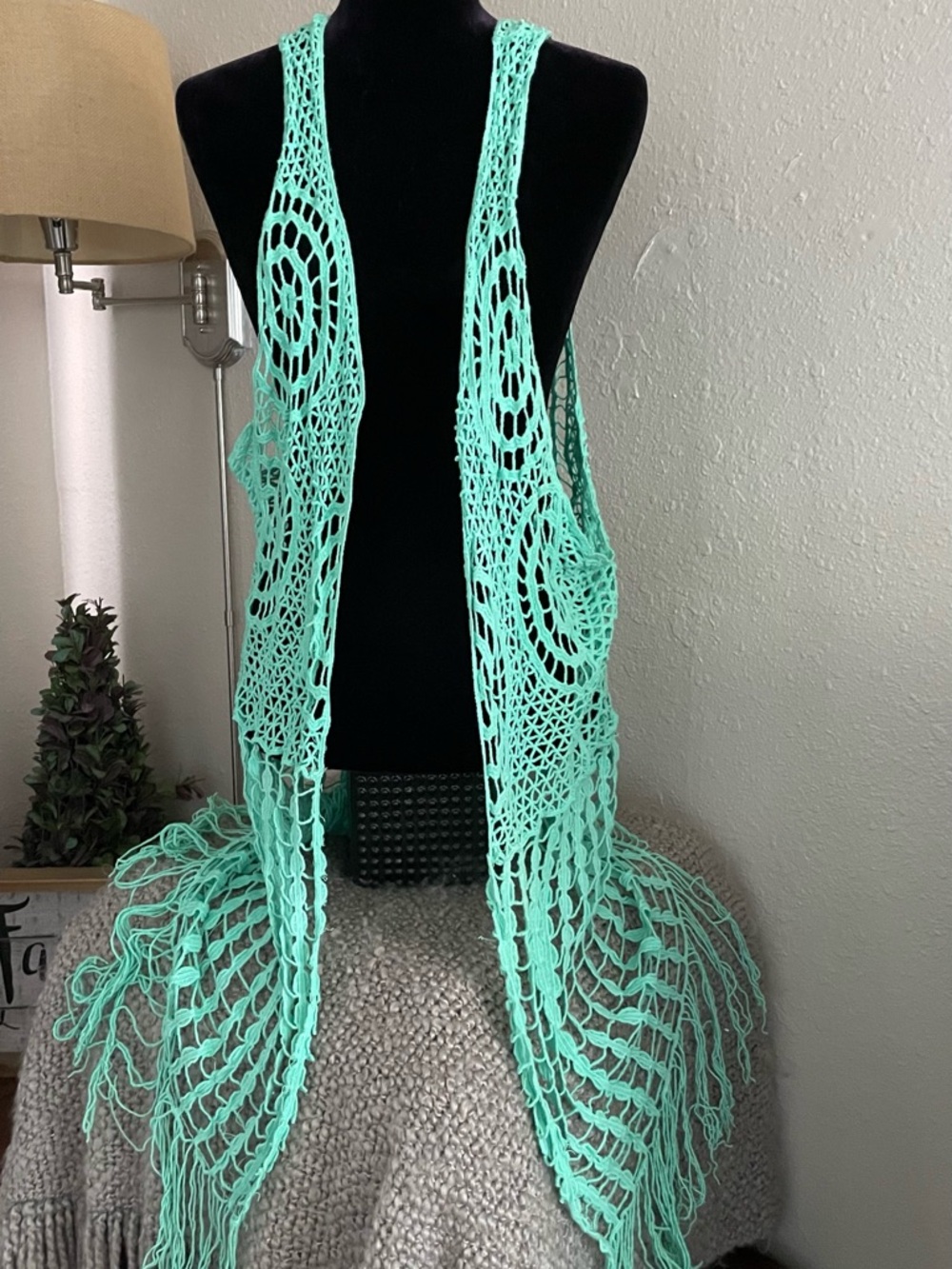 India Boutique Mint Green Crochet Fringe Vest